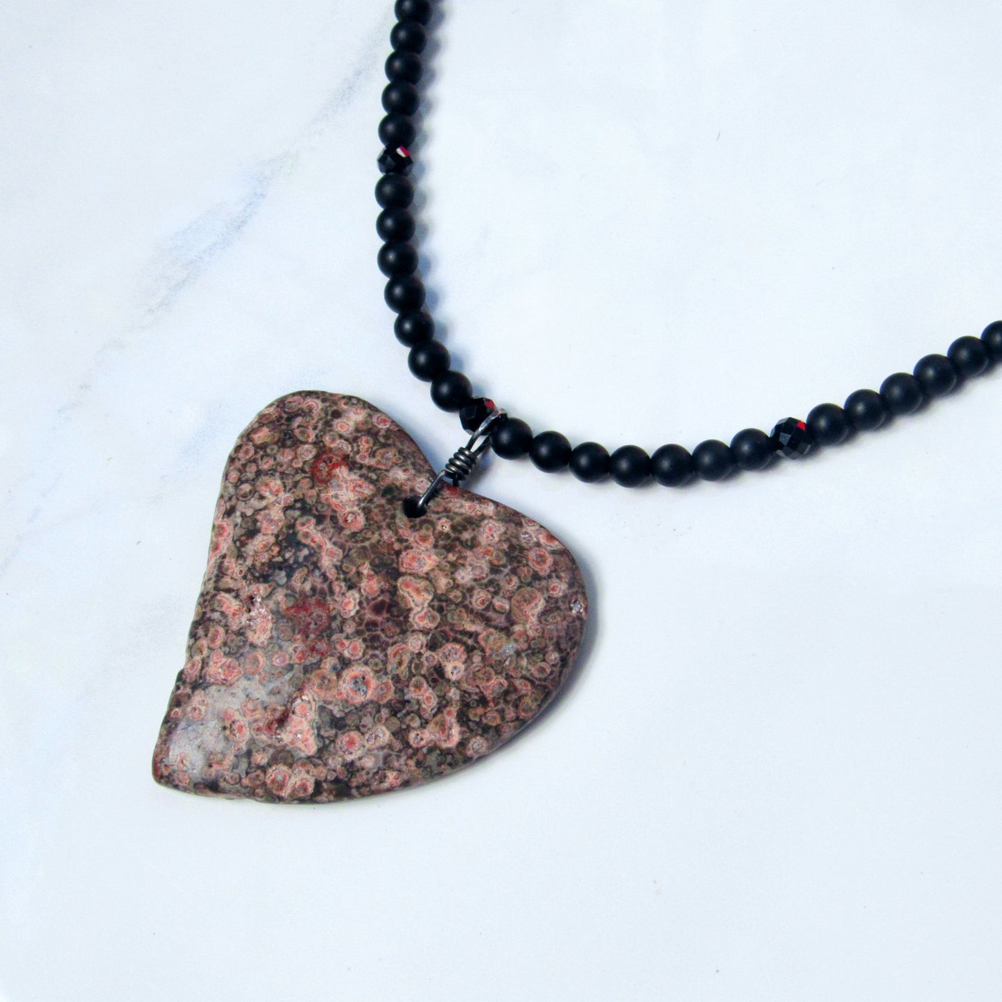 Leopard Print Jasper Gemstone Heart Pendant on Onyx and Spinel Necklace