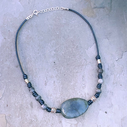 Labradorite gemstone, Sterling Silver, Leather Necklace