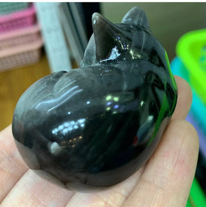 Natural Silver Obsidian sleeping Kitty Cat