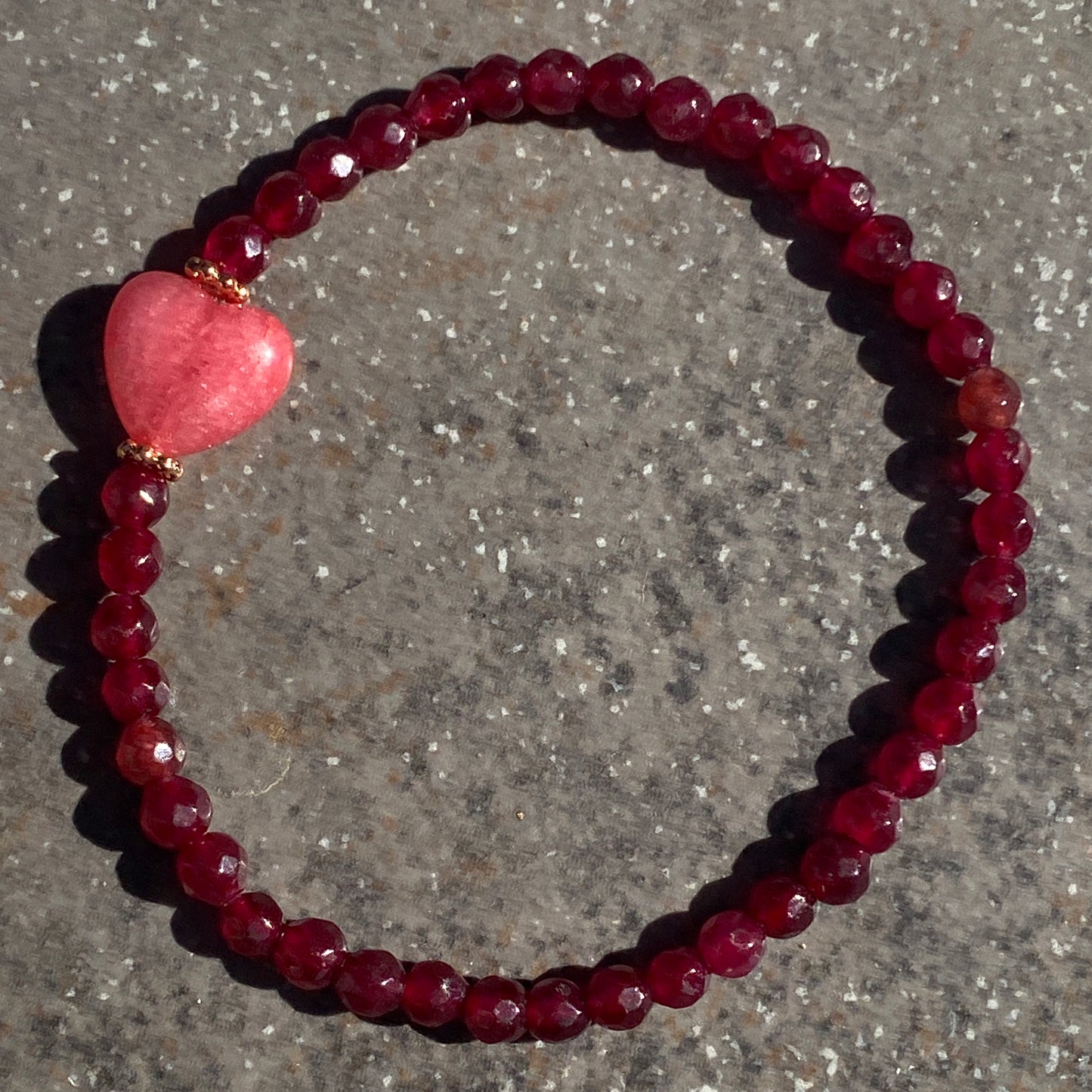 Red Jade bead with Rhodochrosite gemstone Heart, and Copper Bracelet