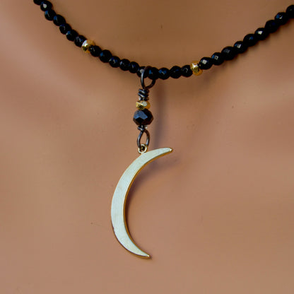 Black onyx, gold vermeil over sterling silver Moon and beads. Black non conflict diamond