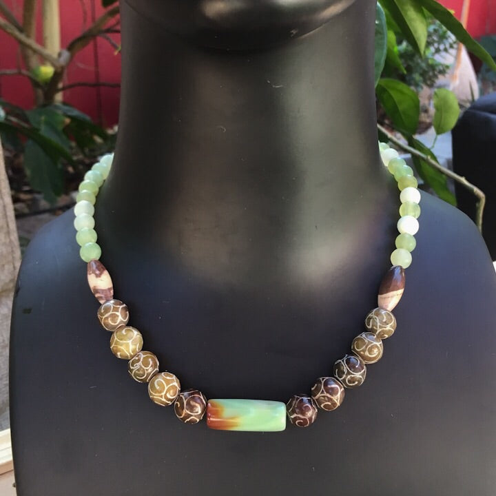 Tibetan Agate and And Peruvian Opal gemstone Necklace