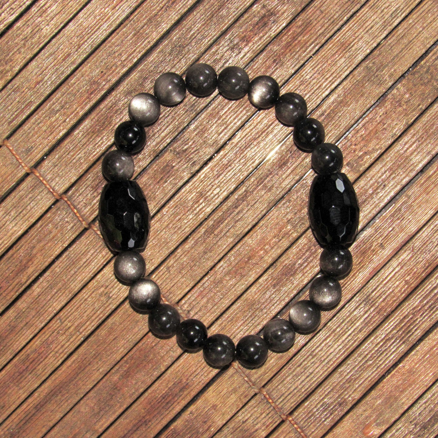 Chunky Black Onyx and Silver Obsidian Gemstone Stretch Bracelet