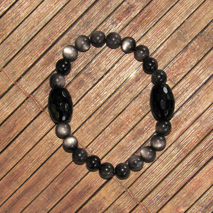 Chunky Black Onyx and Silver Obsidian Gemstone Stretch Bracelet