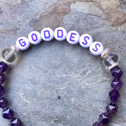 Amethyst gemstone, Clear Quartz, and Sterling Silver “Goddess” Stretch Bracelet