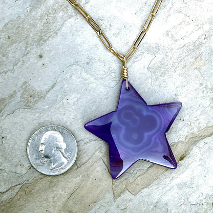 Purple Agate Star Pendant on 14 Kt gf Chain w/ Amethyst Gemstones