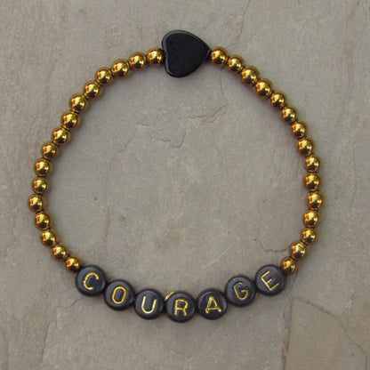 Gold Hematite and Onyx gemstone Heart "COURAGE" bracelet