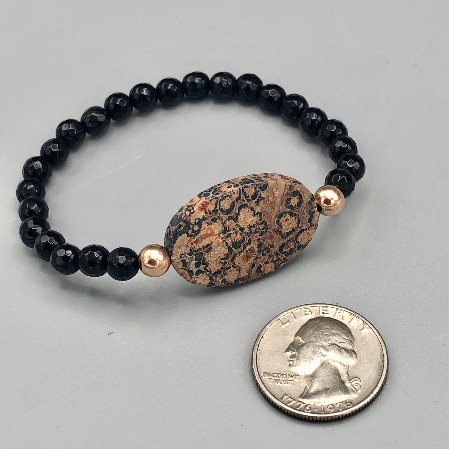 Leopard Print Jasper Gemstone , Faceted Black Onyx, and 14 Kt Gf Women’s Stretch Bracelet