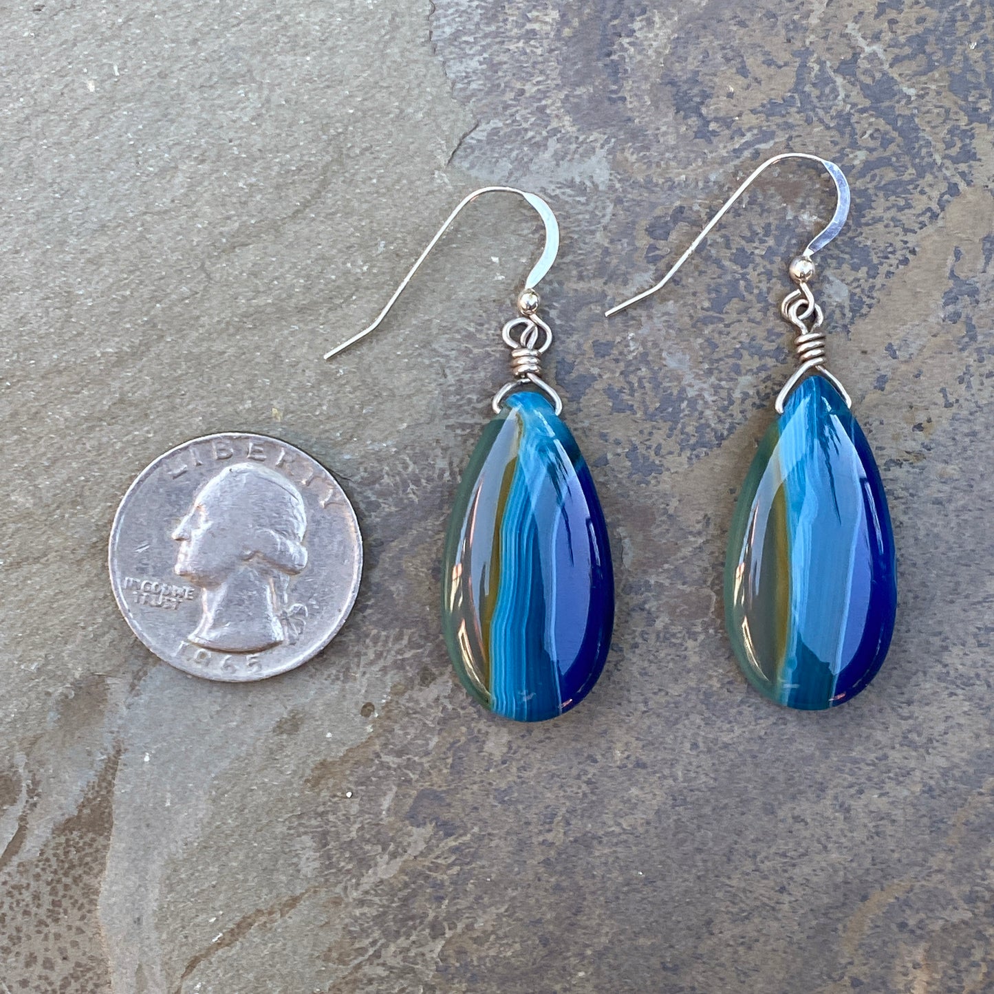 Blue Onyx Agate Tear Drop Shape and Sterling Silver Earrings