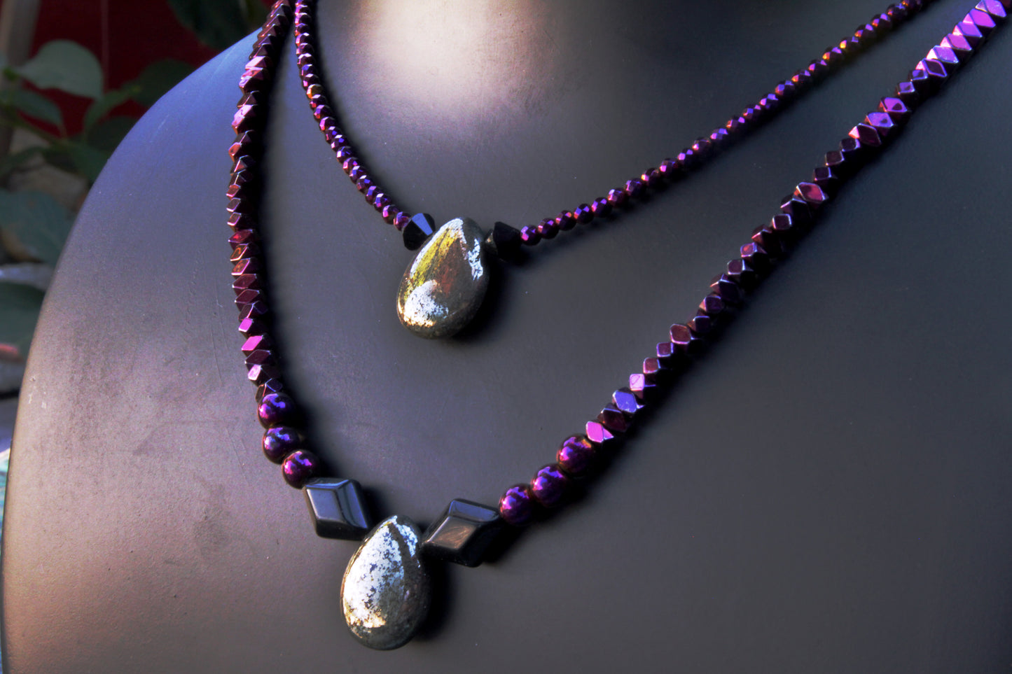 Women's pyrite, black agate, and hematite layered necklace