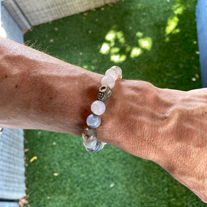 Dragon’s Vein Agate and Pyrite Skulls Stretch Bracelet