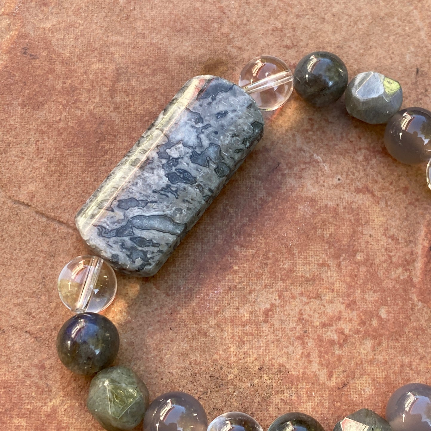 Chinese Crazy Lace Agate Gemstone, Grey Agate, Labradorite, Clear Quartz and Sterling Silver Stretch Bracelet