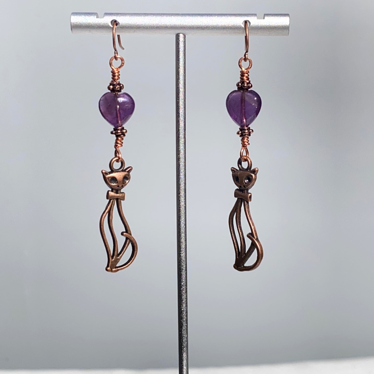 Amethyst gemstone Heart and Copper Kitty Drop Earrings