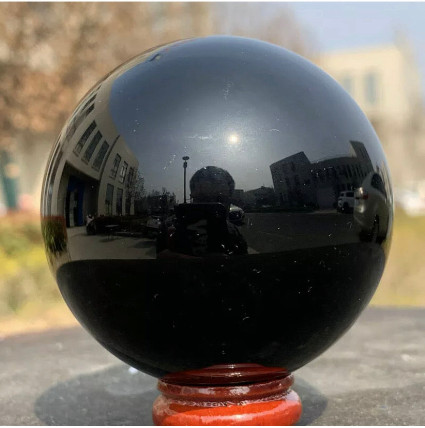 Natural Black Obsidian Sphere Healing Stone + Free Stand