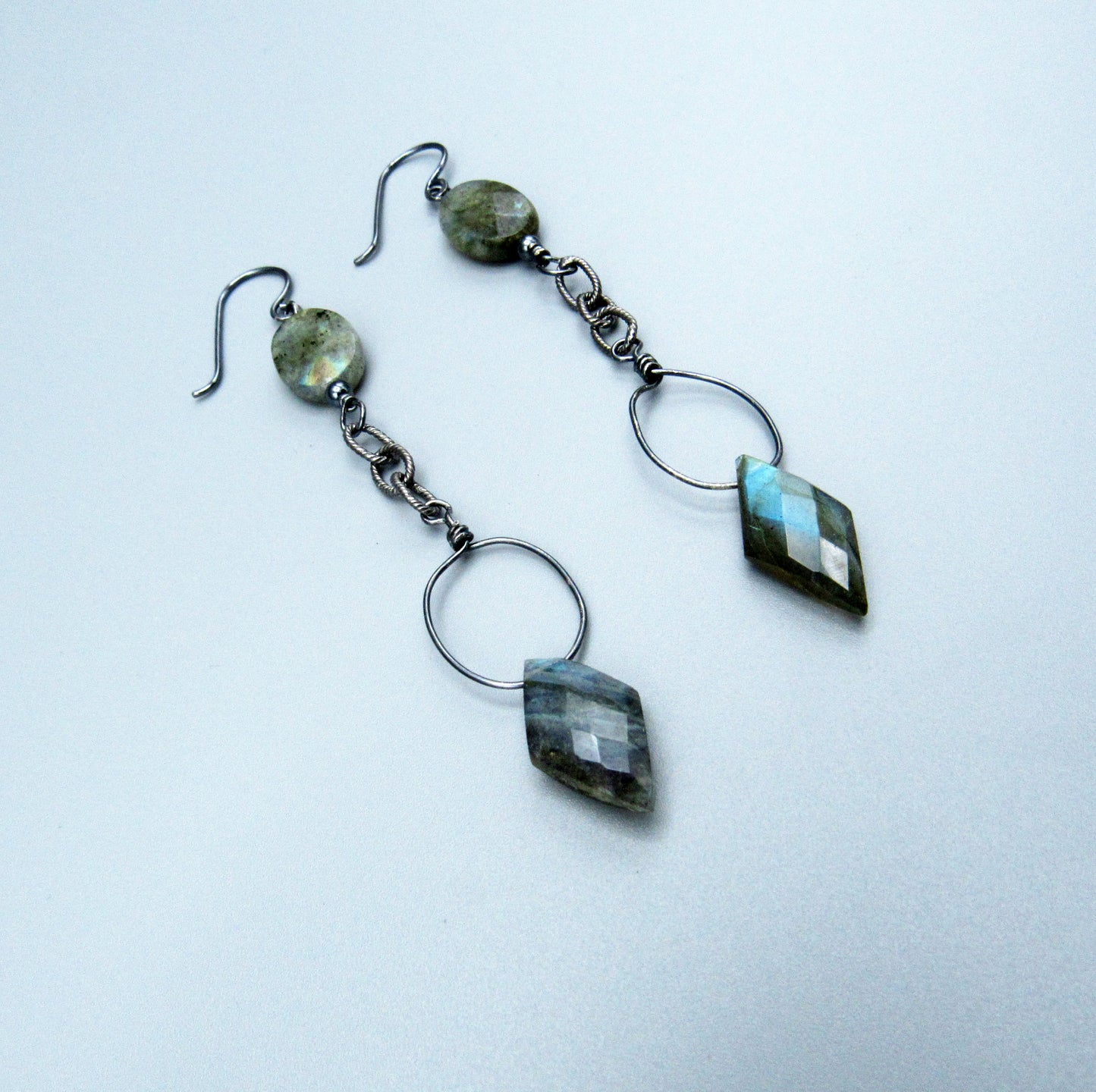 Labradorite and Oxidized Sterling Silver Chain Drop Earrings