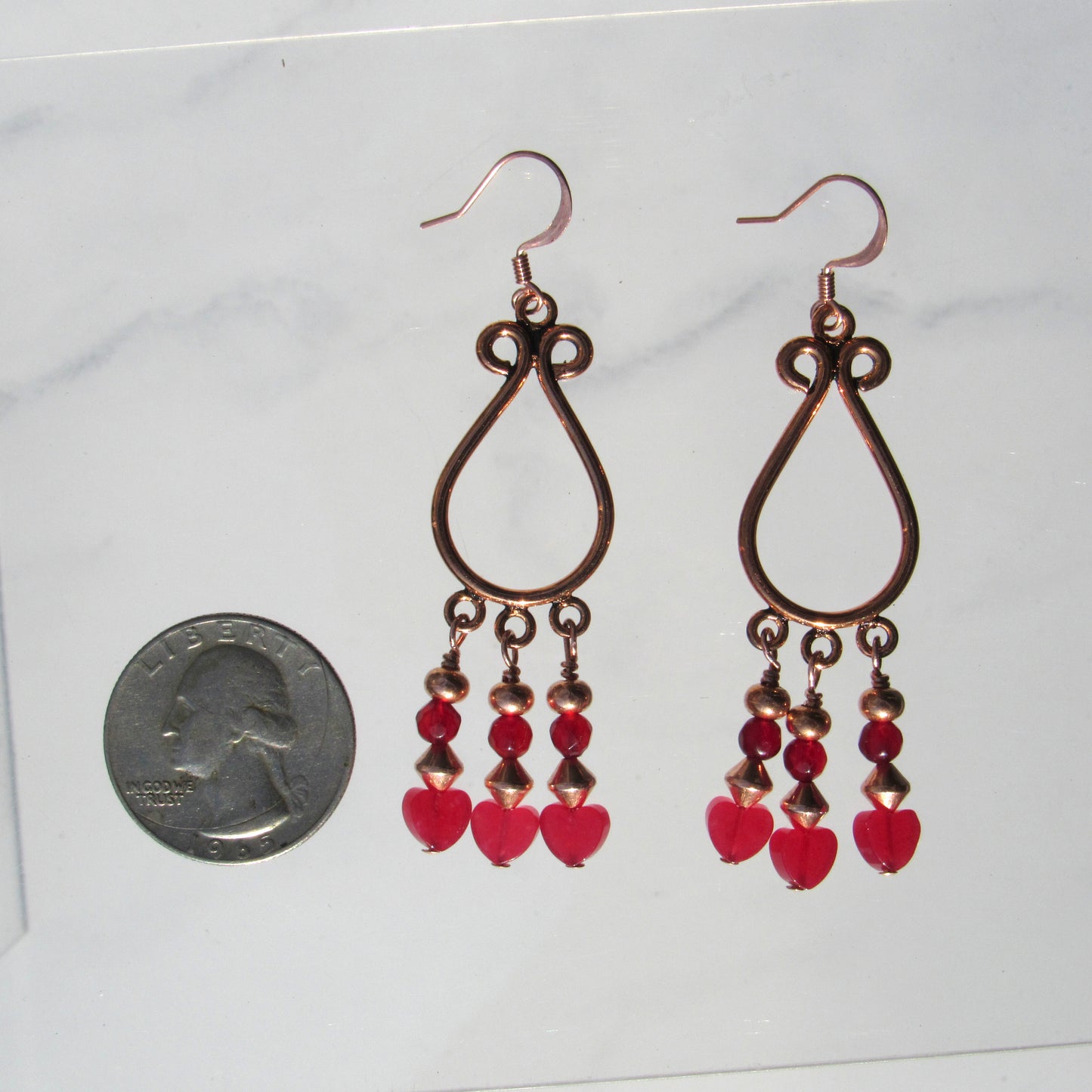 Jade gemstone hearts, Red agates, and copper chandelier earrings