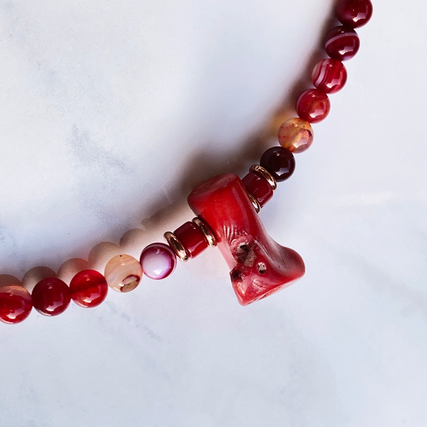 Red Agate gemstone, Copper, and Coral necklace