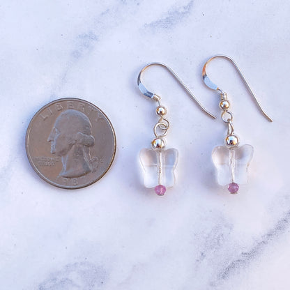 Clear Quartz Butterflies with Pink Sapphires and Sterling Silver Drop Earrings