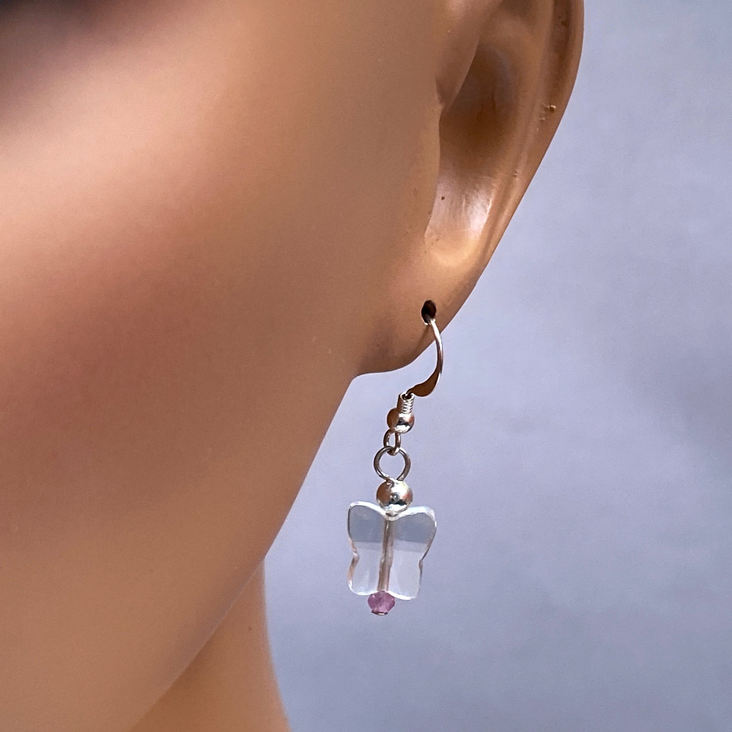 Clear Quartz Butterflies with Pink Sapphires and Sterling Silver Drop Earrings