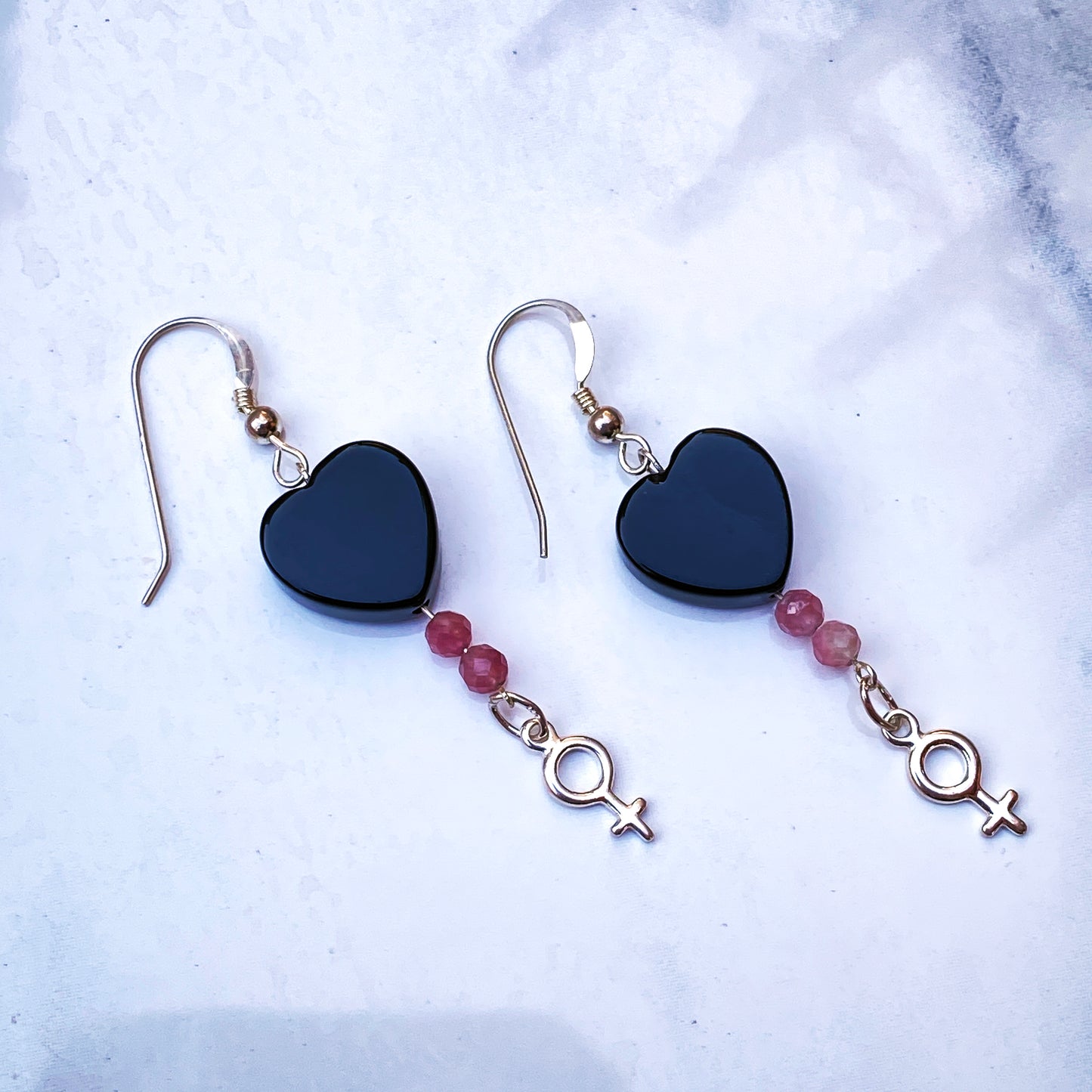 Black Onyx hearts and Pink Tourmaline with Sterling Silver Drop Earrings