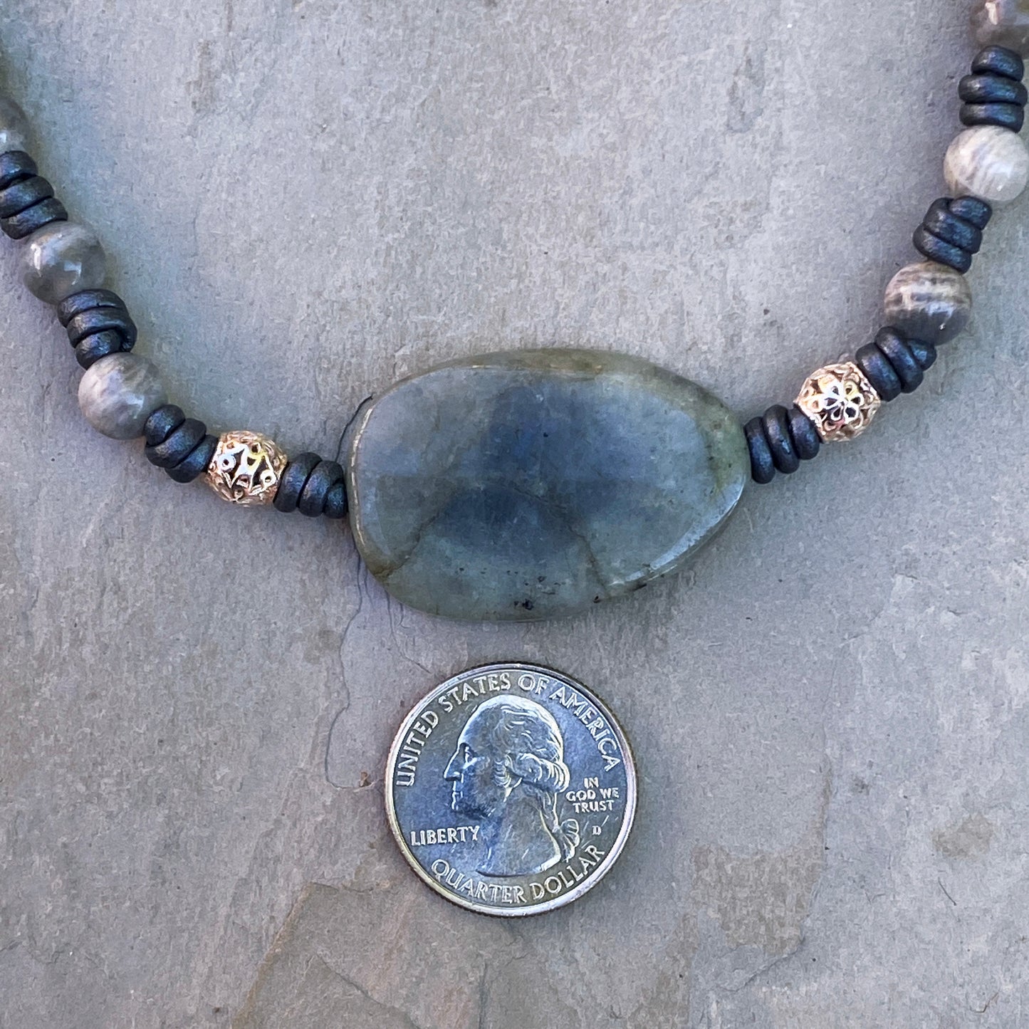 Labradorite gemstone, Sterling Silver, Leather Necklace