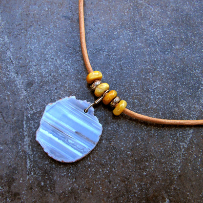 Grey Striped Agate gemstone, Yellow jasper, Sterling Silver on Leather Necklace