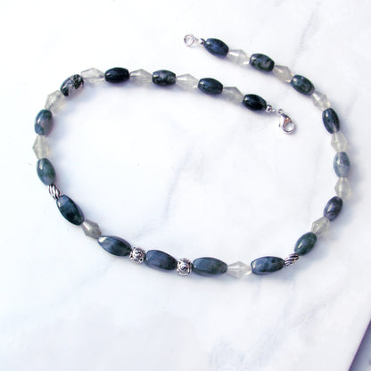 Moss Agate, Green Rutile Quartz gemstones, and Sterling Silver Yin Yang Necklace