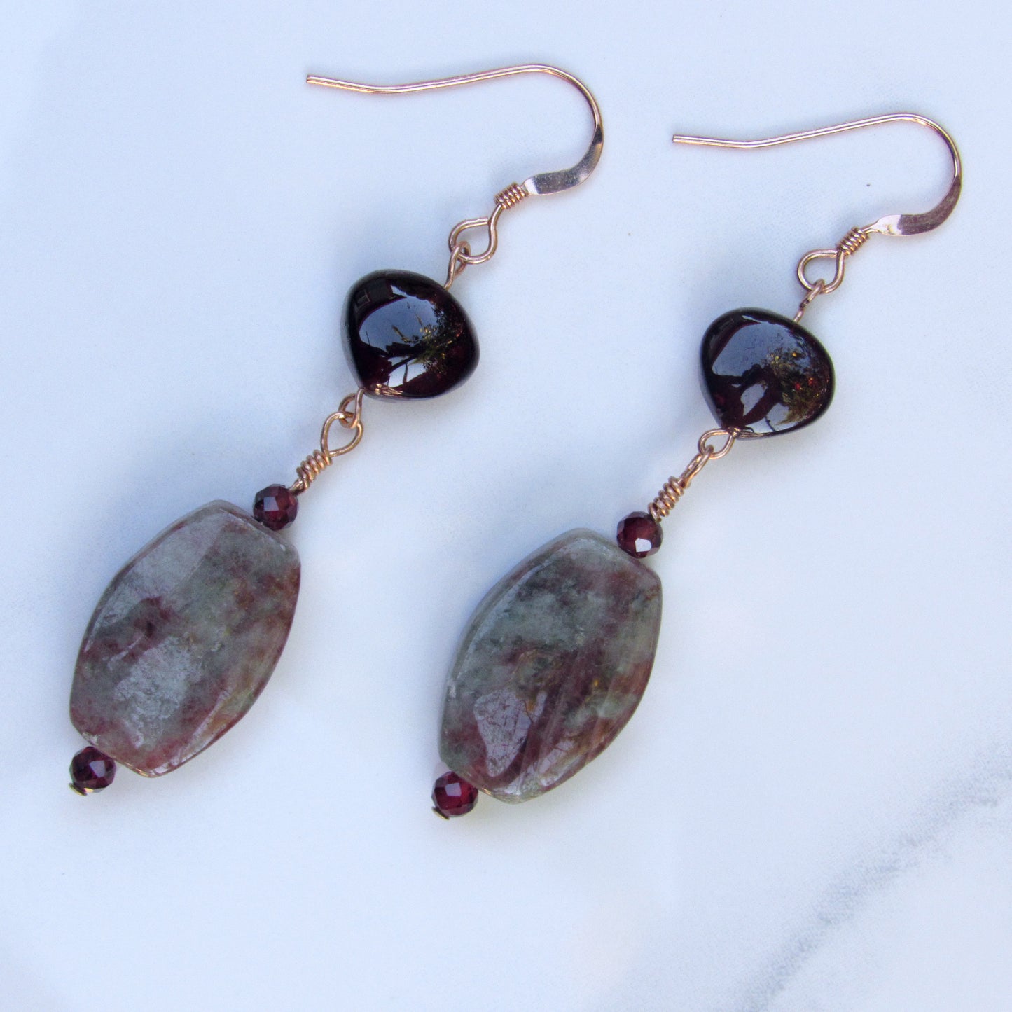 Ruby Zoisite, Garnets, w/ 14 kt Rose Gf Drop Earrings