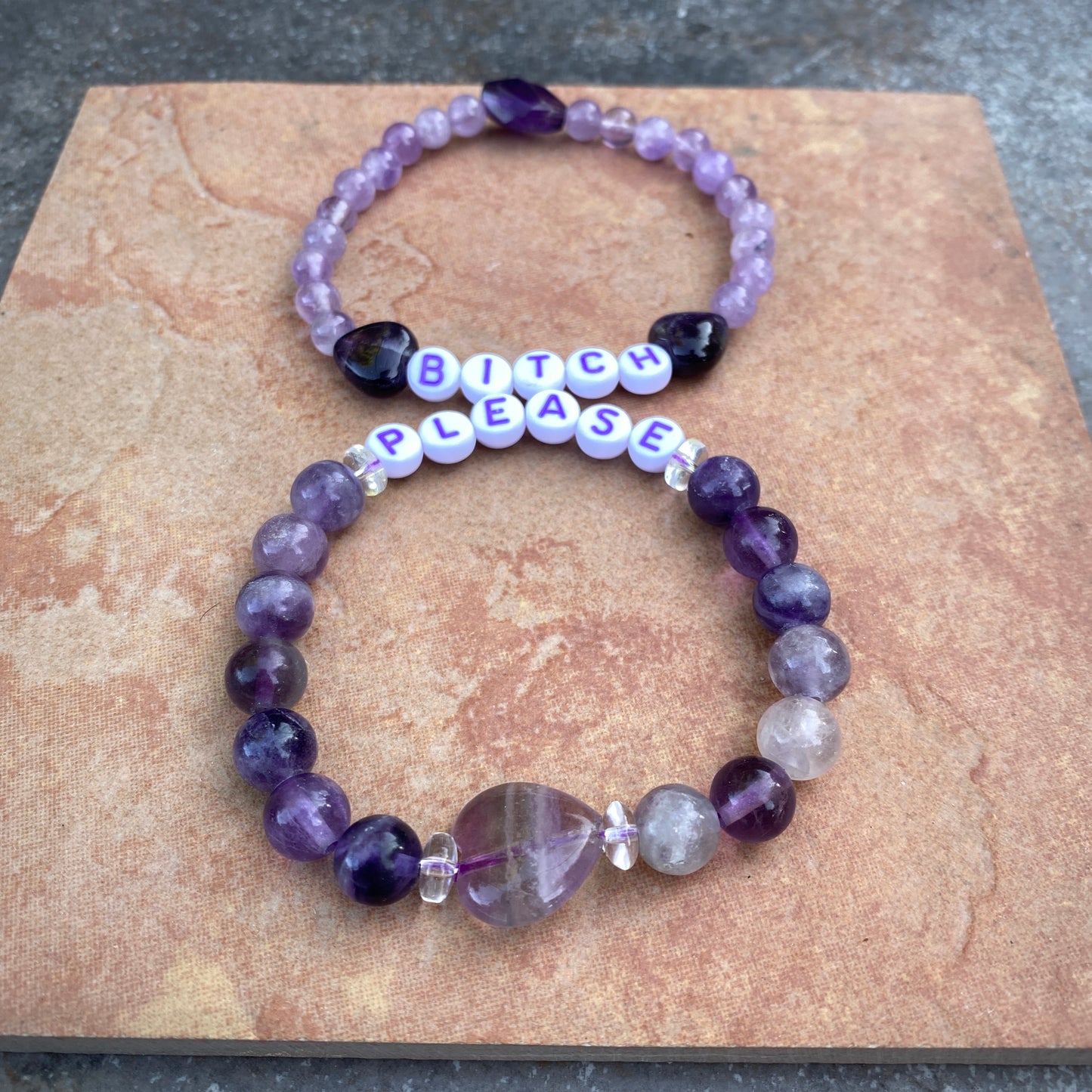 Women’s “bitch please” purple gemstone curse stretch bracelet set