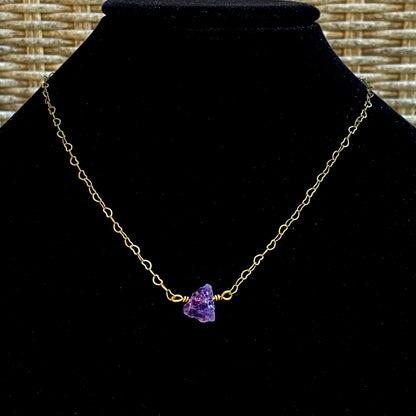 Raw Amethyst gemstone on Brass Heart Chain