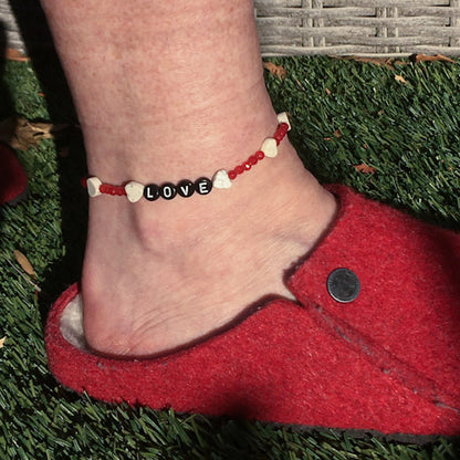 Women's "LOVE"  Red Agate, White Turquoise Gemstone heart and oxidized Sterling Silver anklet