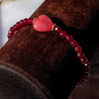 Red Jade bead with Rhodochrosite gemstone Heart, and Copper Bracelet