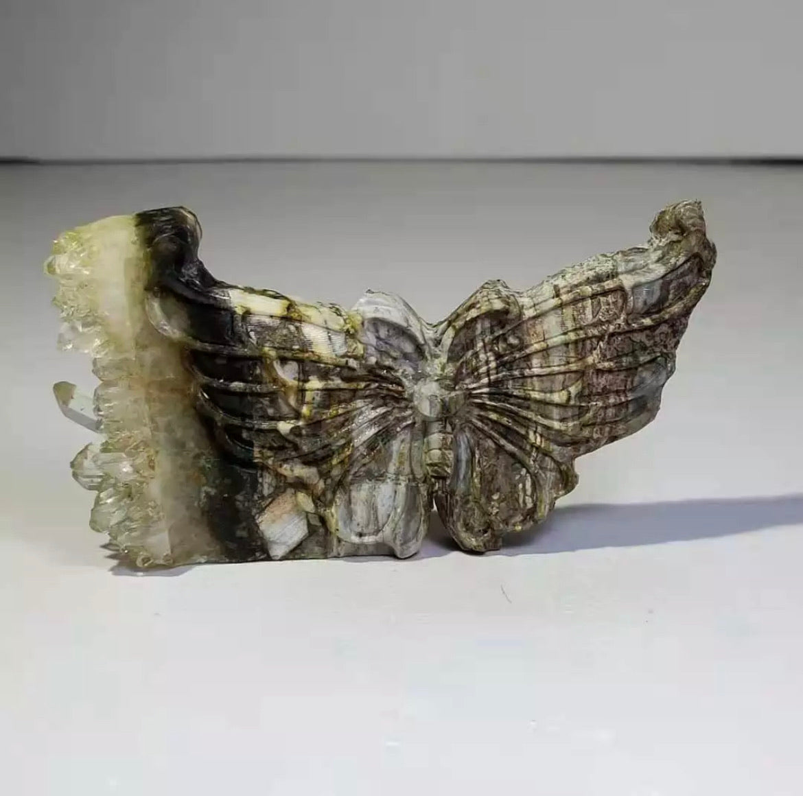 Natural crystal quartz cluster mineral specimen, hand carved, butterfly