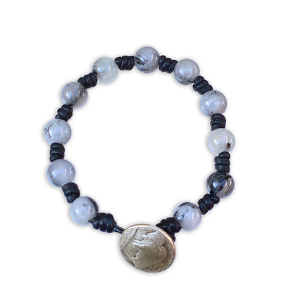 Leather and tourmaline Quartz Gemstone Bracelet with Buffalo Button