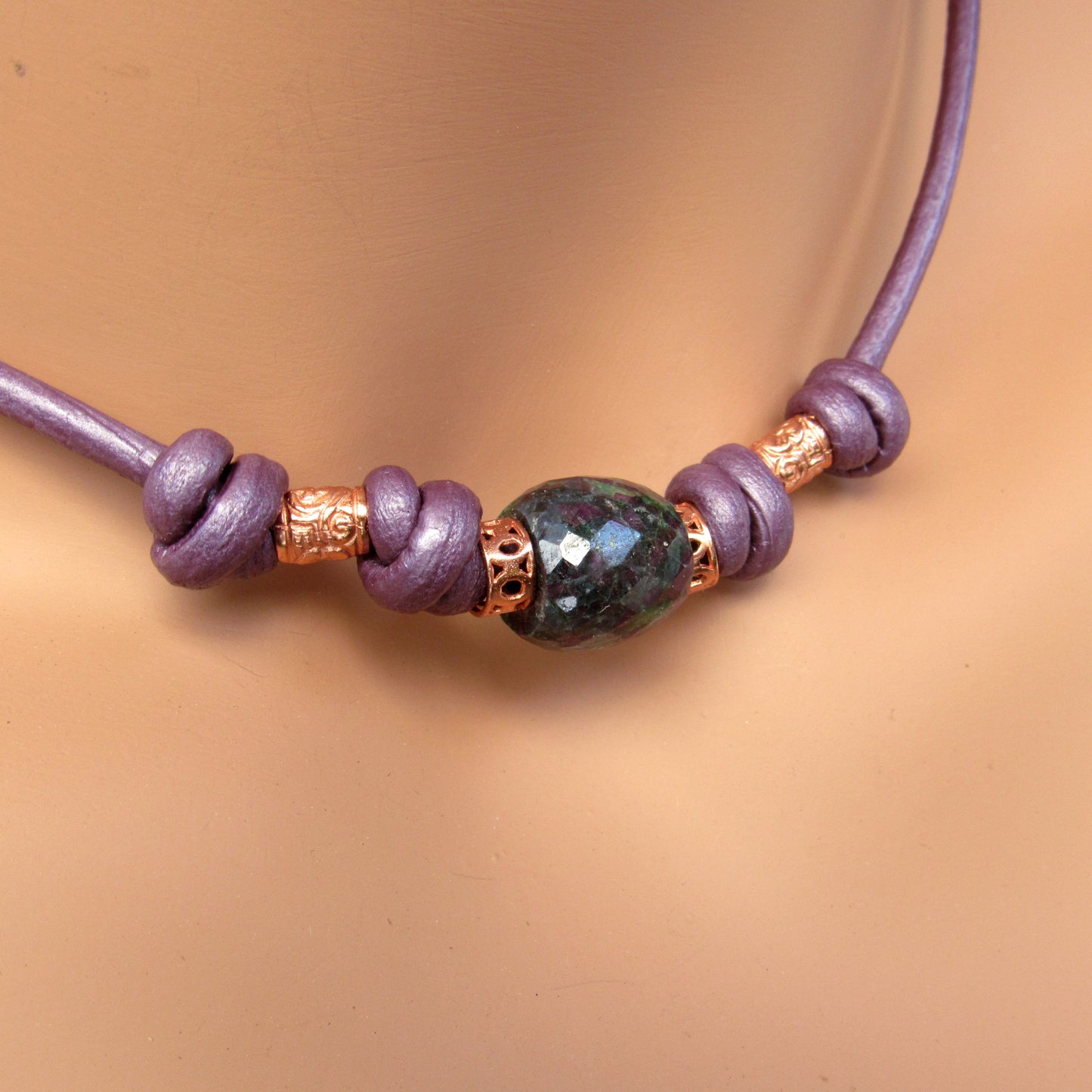 Ruby Zoisite and Copper Hand Knotted on Leather necklace