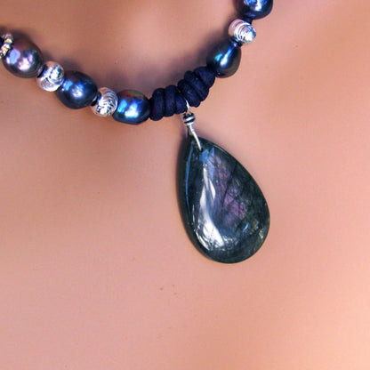 Purple Teardrop Labradorite Pendants, Freshwater Pearls, Sterling Silver Beads and Clasp on Purple Leather