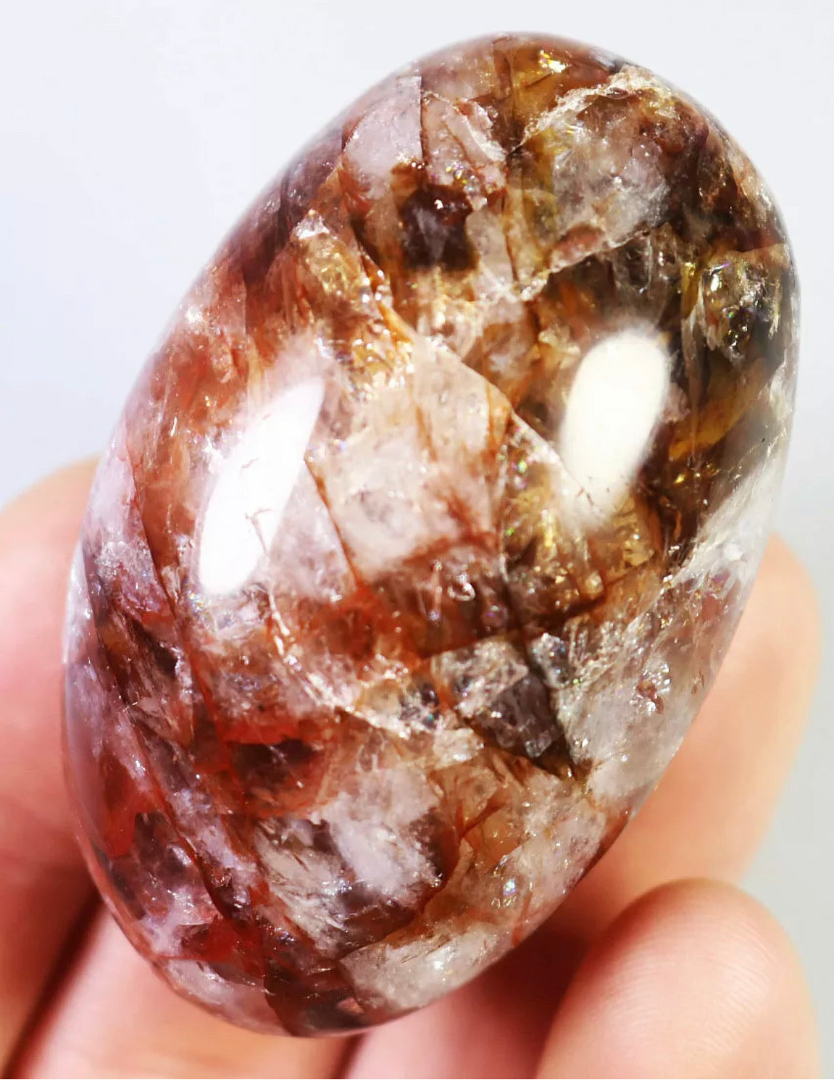 Natural Red Fire Hematoid  Quartz  Rainbow Crystal Palm Stone