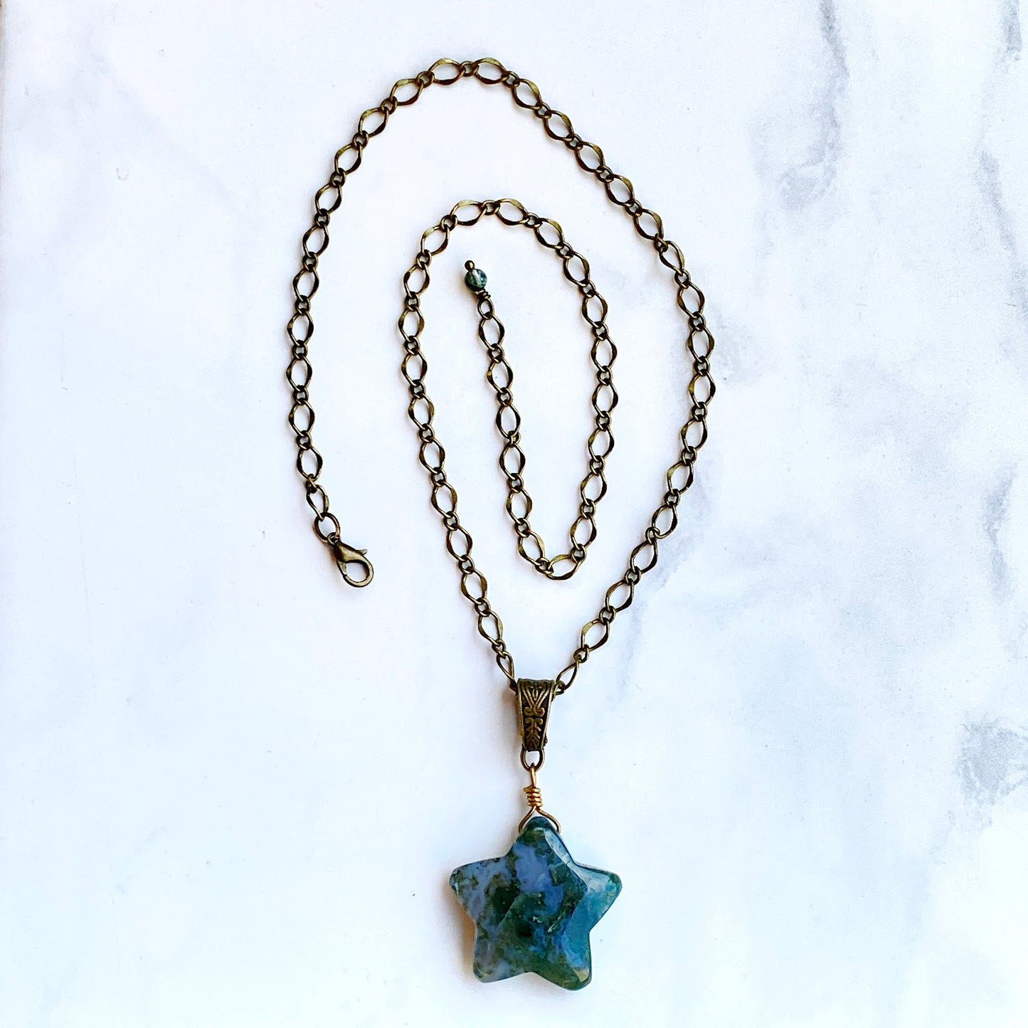 Moss Agate gemstone Star Pendant on Bronze chain