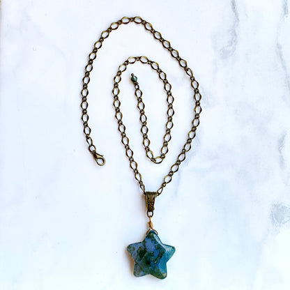 Moss Agate gemstone Star Pendant on Bronze chain