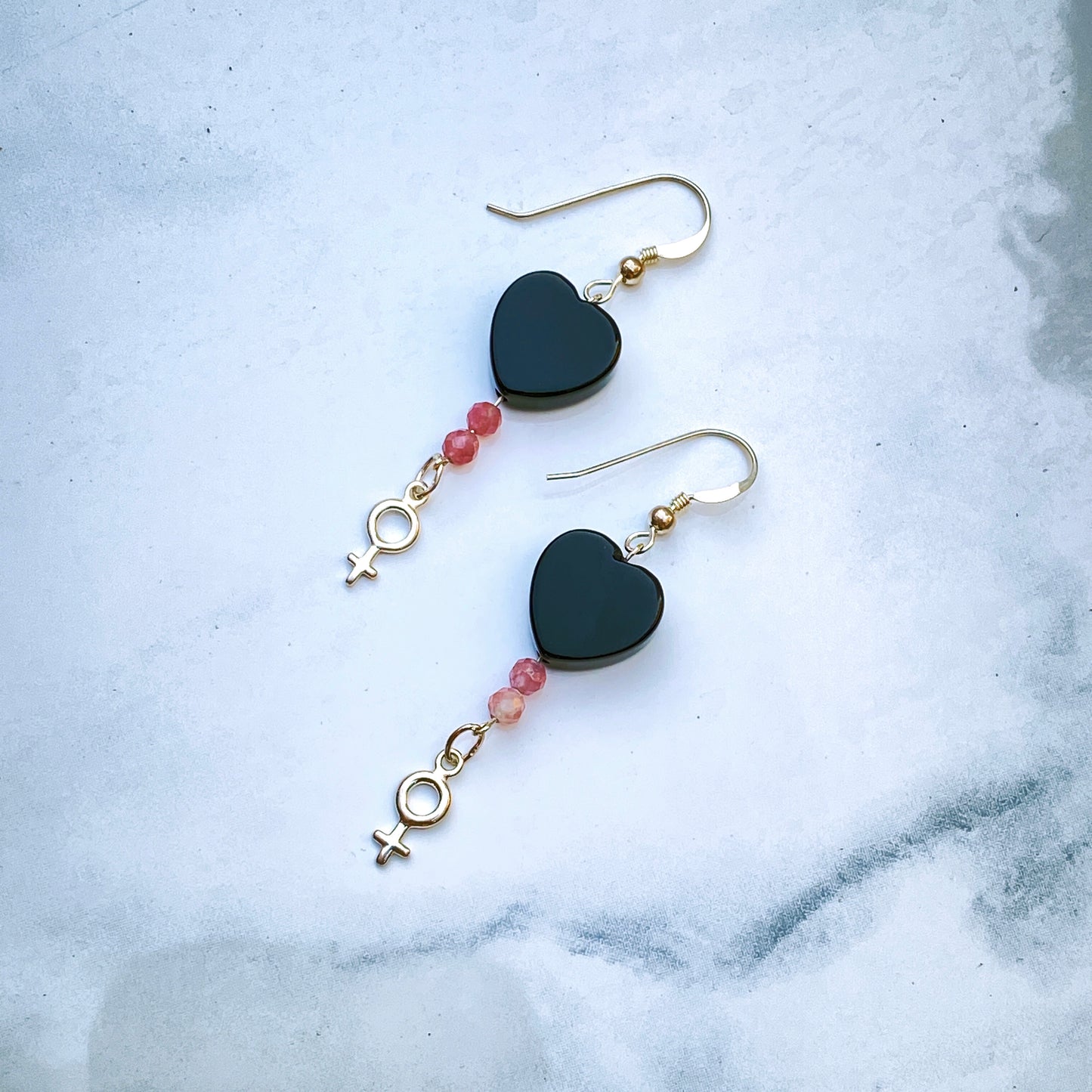 Black Onyx hearts and Pink Tourmaline with Sterling Silver Drop Earrings