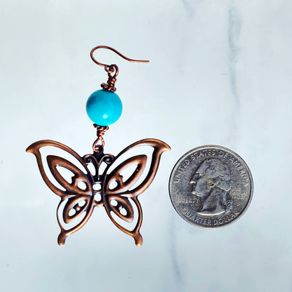 Natural Turquoise gemstone with Copper Butterfly Dangle Earrings