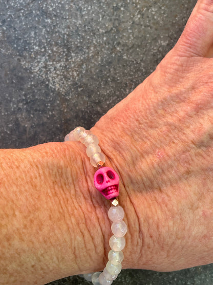Pink Agate, pink Jade gemstone, and Howlite Skull bracelet