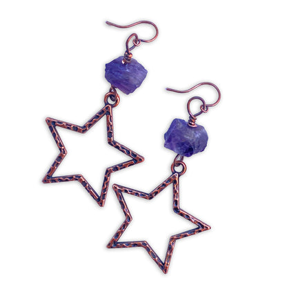 Amethyst gemstone stars and copper Star Earrings