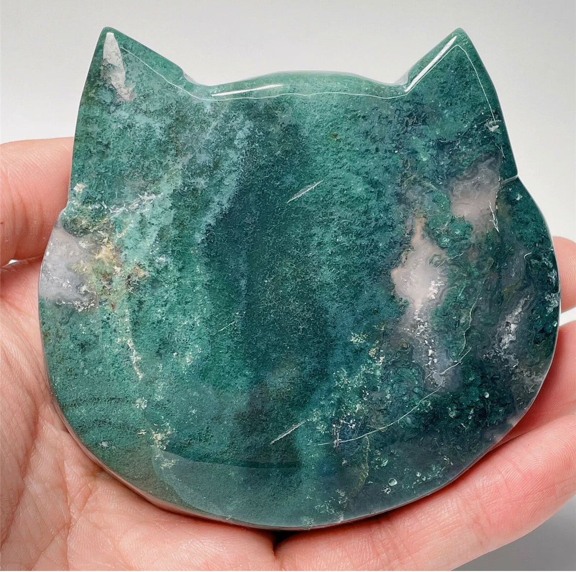 Natural Green Moss Agate Kitty Cat Jewelry Dish