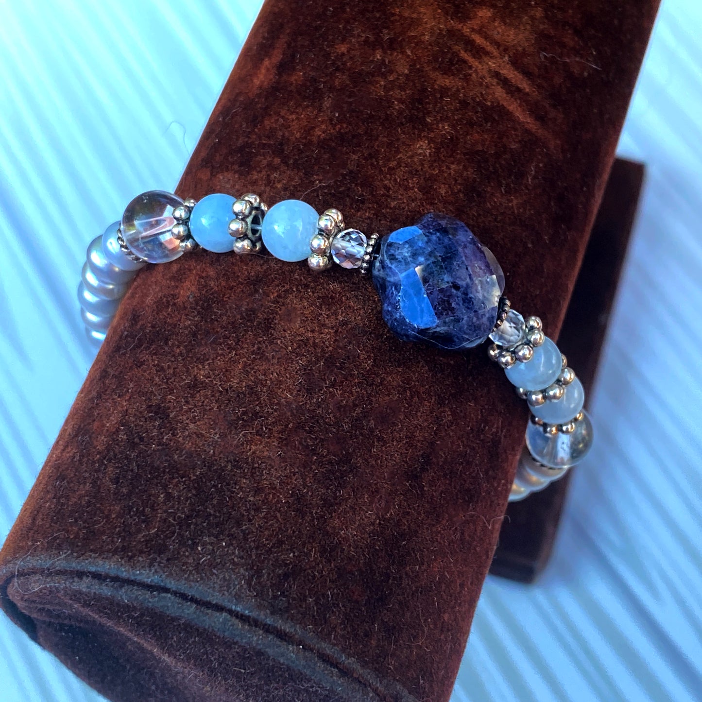 Blue Sapphire gemstone beaded Bracelet with aquamarine and quartz