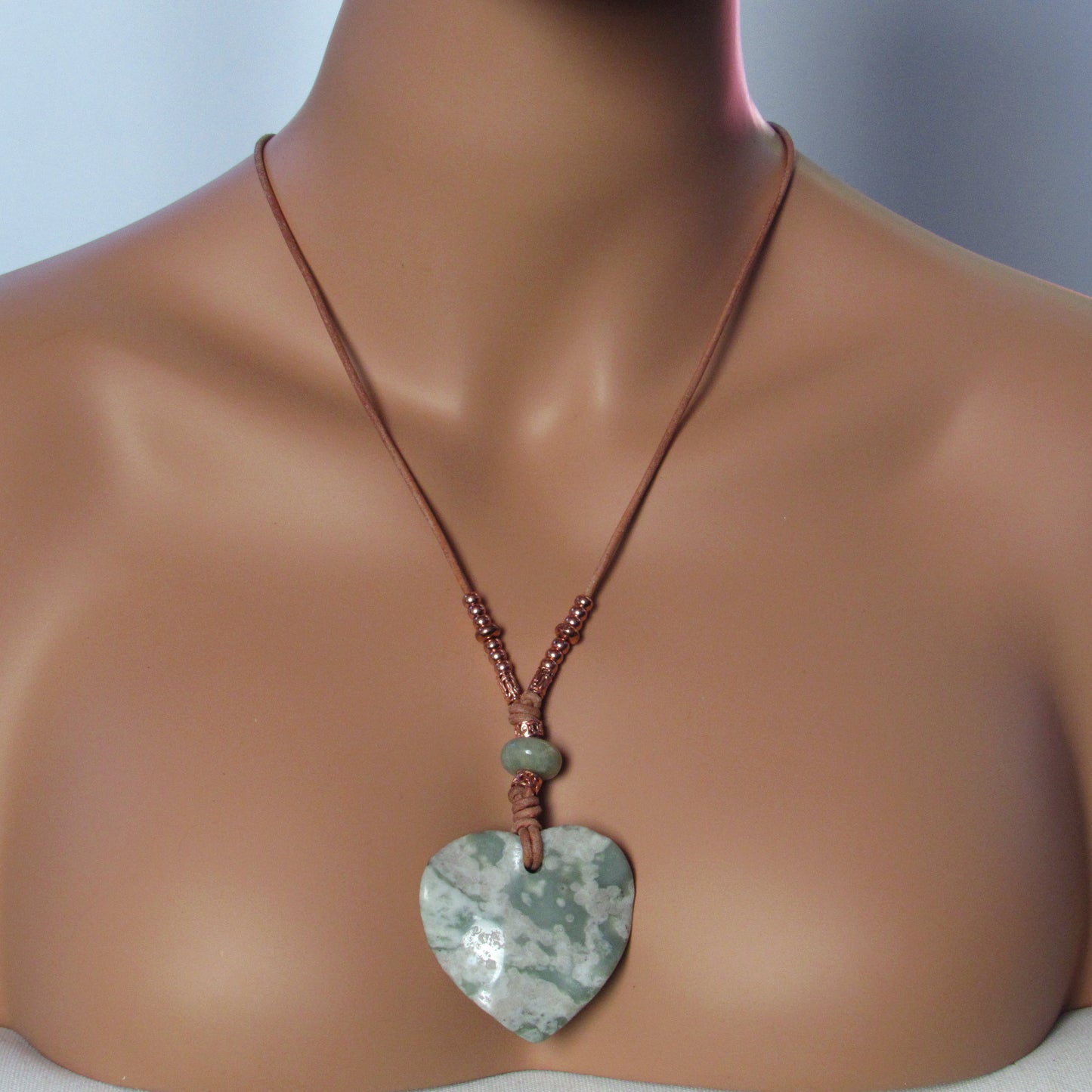 Heart Jade Peace Stone, Amazonite, Copper, Leather Necklace