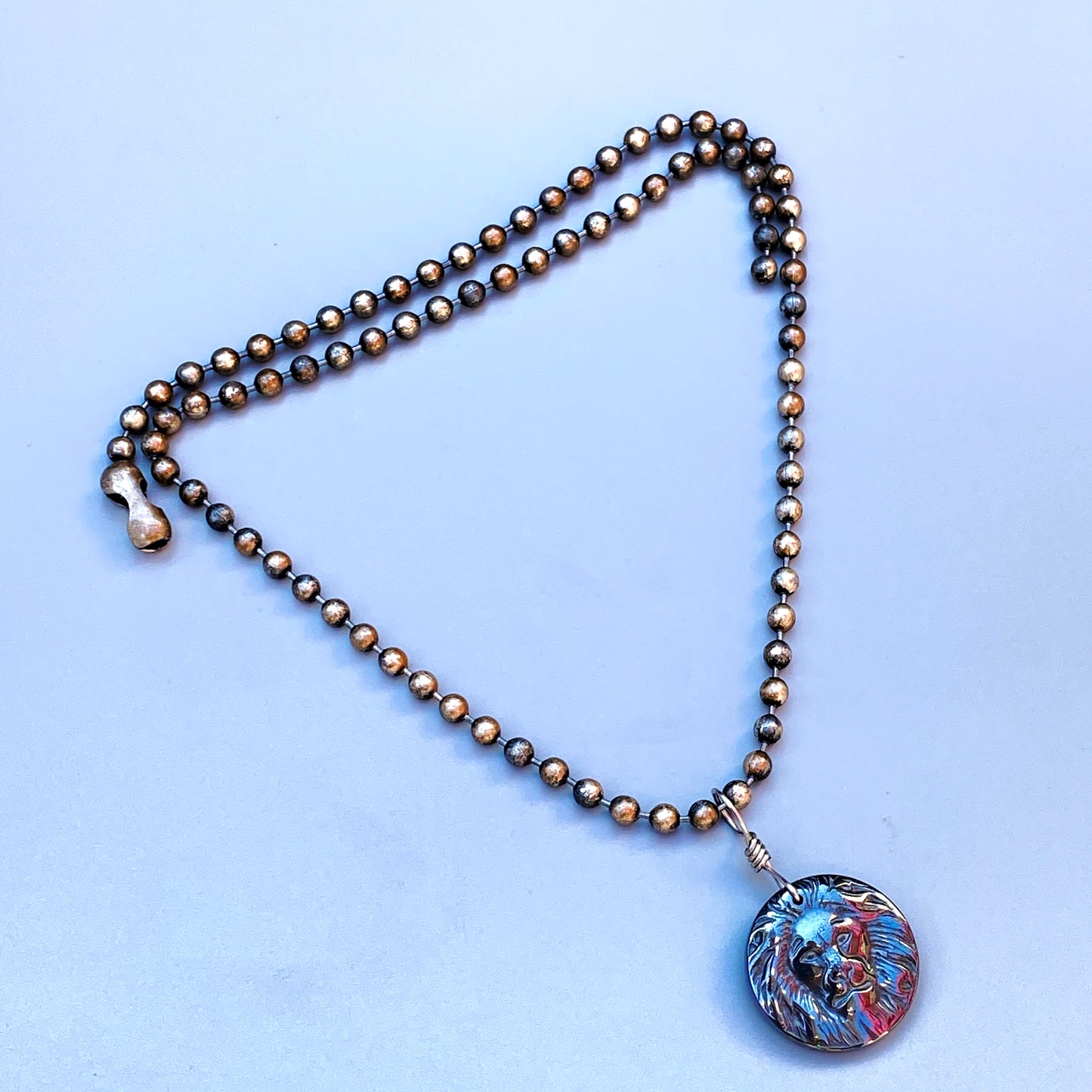 Hematite Lion Pendant on Patina copper chain Necklace