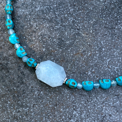 Aquamarine and Howlite Skull Necklace