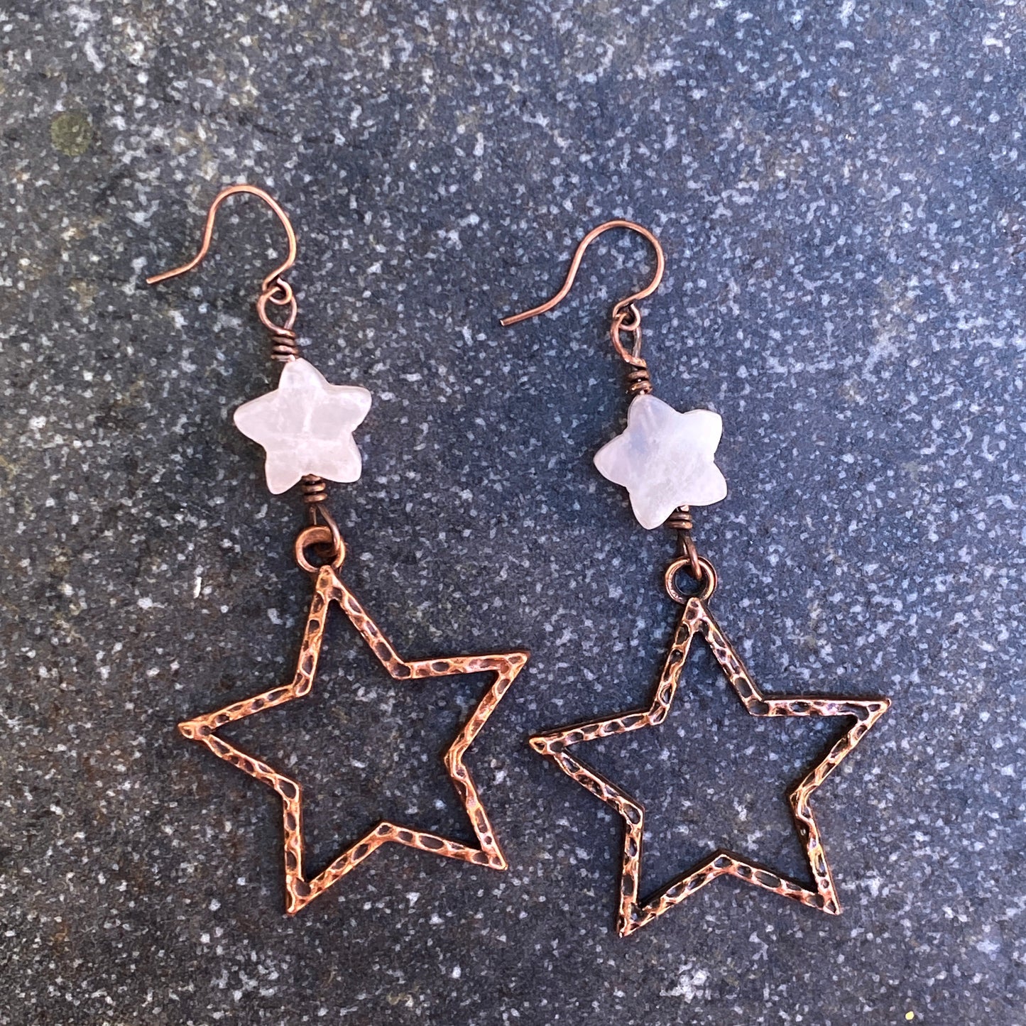 Rose Quartz gemstone Star and Copper Dangle Earrings