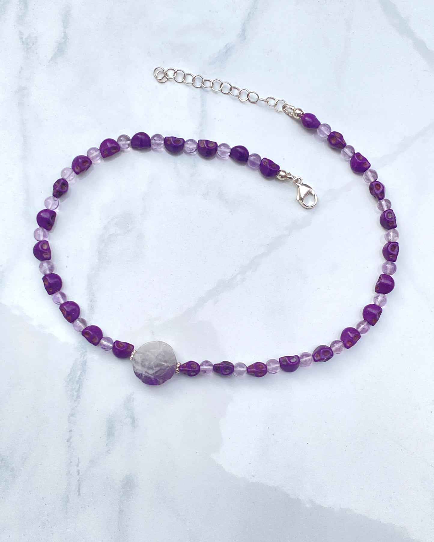 Amethyst gemstone and Howlite Skull and Rose Necklace